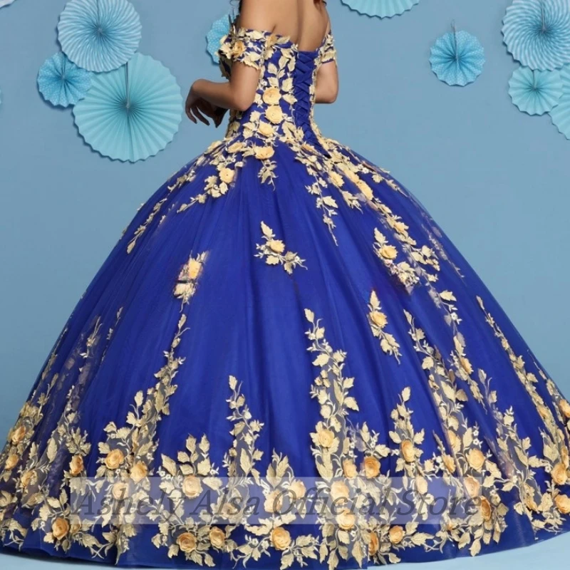 AQ135 Customized Royal Blue Quinceanera Dress Off Shoulder Floral Applique Floor Length Special Occasion 15 16 Party Prom Dress