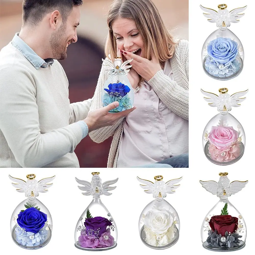 1 Set Little Angel Preserved Roses In Glass Forever Eternal Rose Flower Christmas Birthday Valentine Day Wedding Gift Women Girl