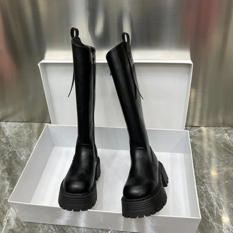 Women's 2026 Knee High Riding Boots Thick Sole Platform Boots Black Leather Chunky Heel Tall Boots for Women Trend Women's Shoes