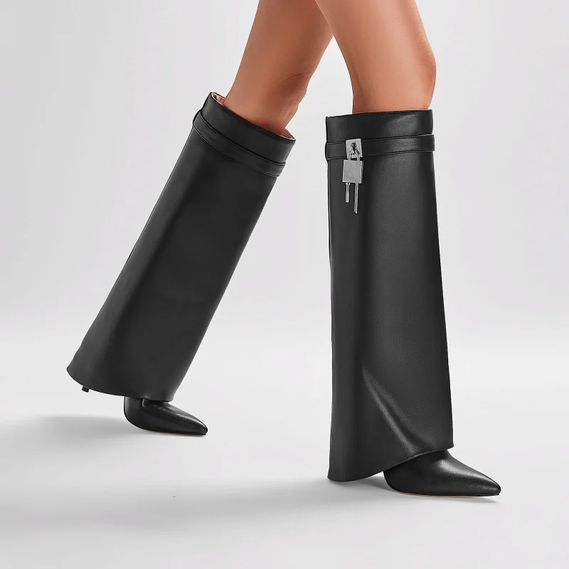

Autumn Winter Ultra-Leather High-Tube Chelsea Boots Sharp-Toe Flip-Up Belt-Clip Booties Thickened Medium Heel Rubber Sole
