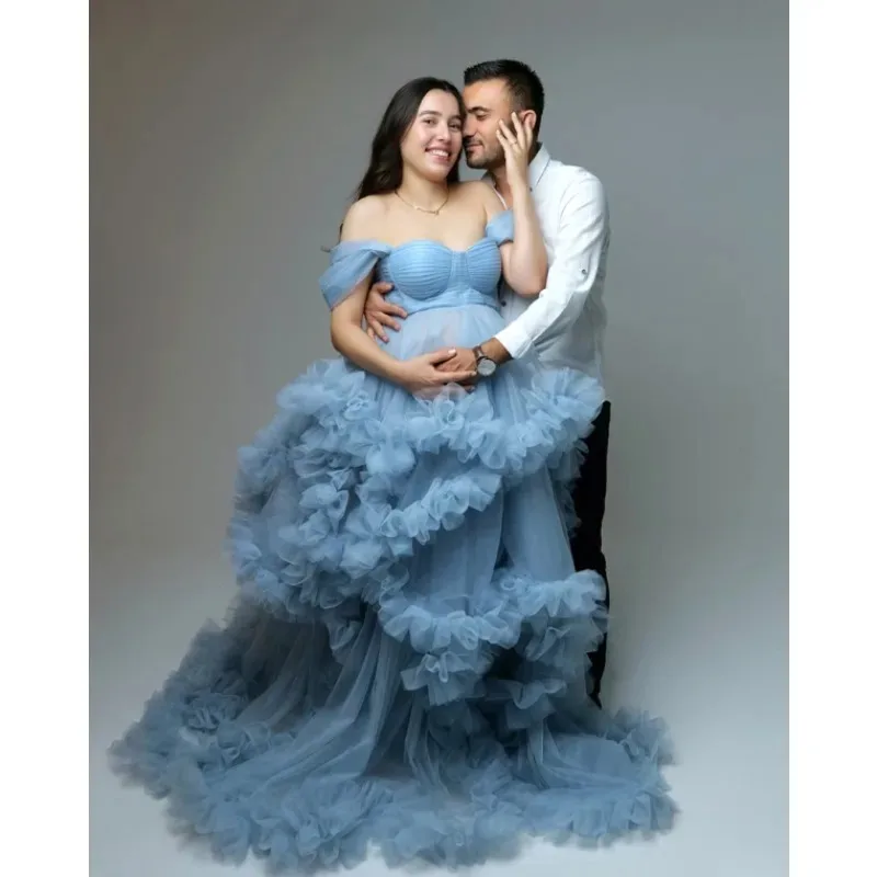 Tiered Tulle Maternity Dress |Bridal Robe for Photo Shoot & Wedding | Custom Prom Gown for Pregnant Women in Blue baby shower