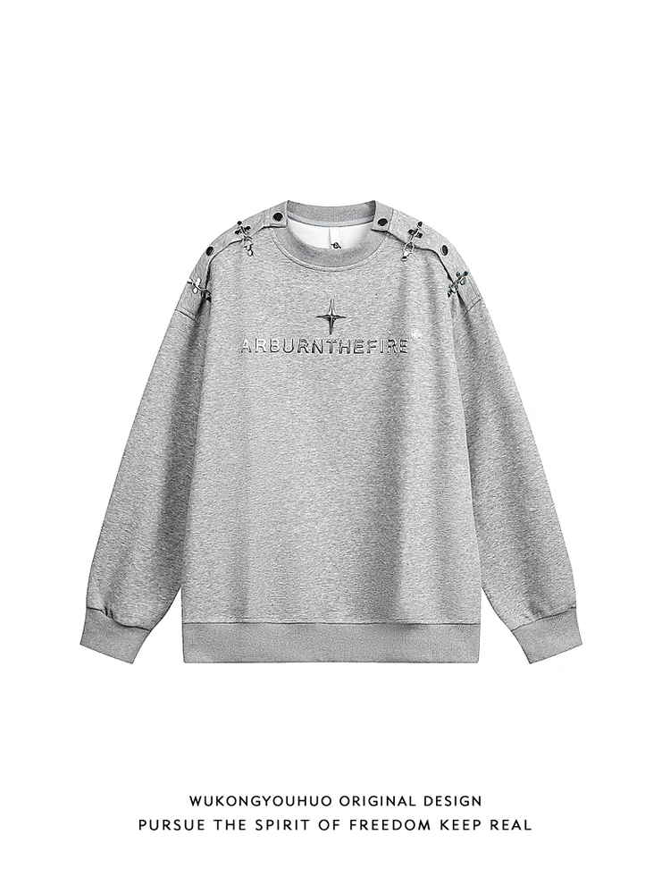 

Модный круглый свитшот для мужчин, свободный крой, длинный рукав, повседневный уличный стиль, металлический синий, молодежный, хлопок/полиэстер