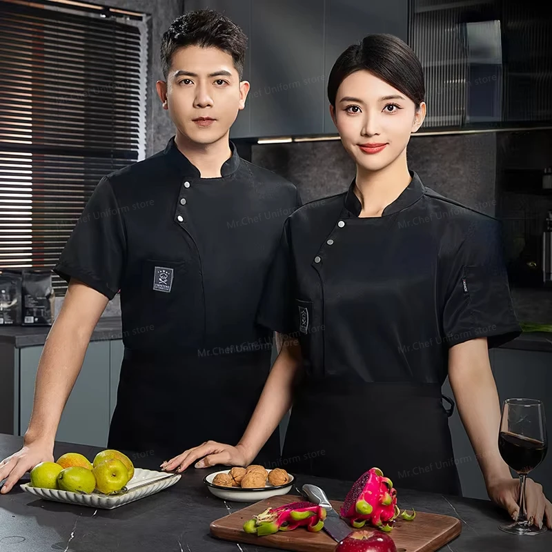 Men chef uniform jacket short sleeve chef T-shirt restaurant coat Bakery Food Service Breathable mesh Cooking chef clothes logo