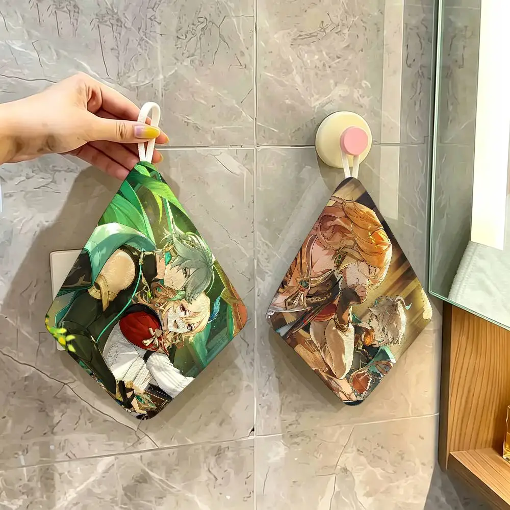 Genshin Impact Kaveh Alhaitham Thickened Polyester Cotton Hanging Towel, High Absorbent Hand Wiping Towel for Indoor Use