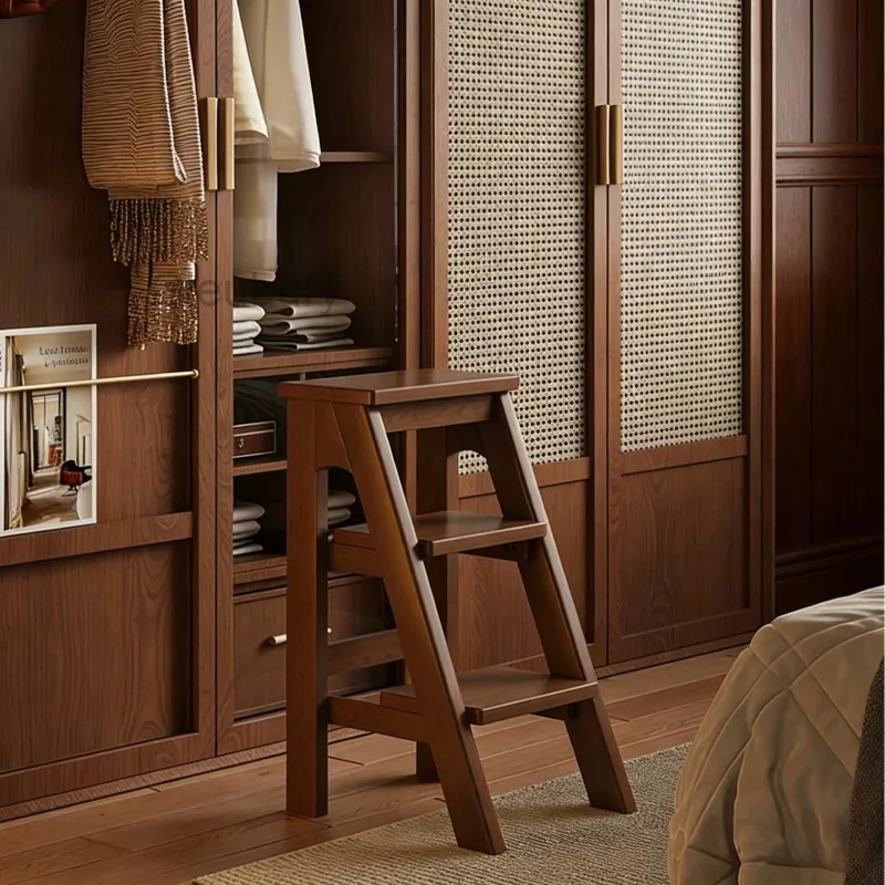 Retro Solid Wood Step Stool, Wooden Ladder Chair with Walnut Finish, Multifunctional Step Ladder for Home Kitchen Living Room