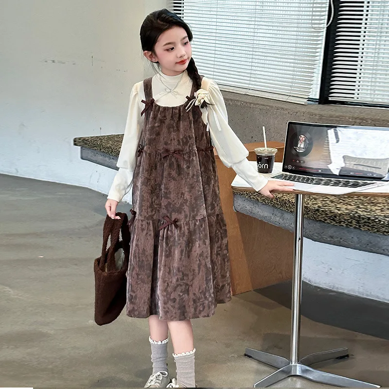 2026 Spring Autumn Children Girls Printed Full Sleeve T-shirts + bow Flannel layer Suspenders Dress Set Elegant Clothes 12 year
