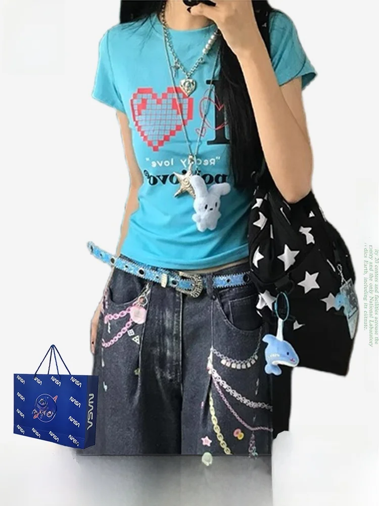 

Retro American ort Sve Women's T-irt Pure Cotton Waist-Cinching Summer New Sle Slimming Print round Ne Top