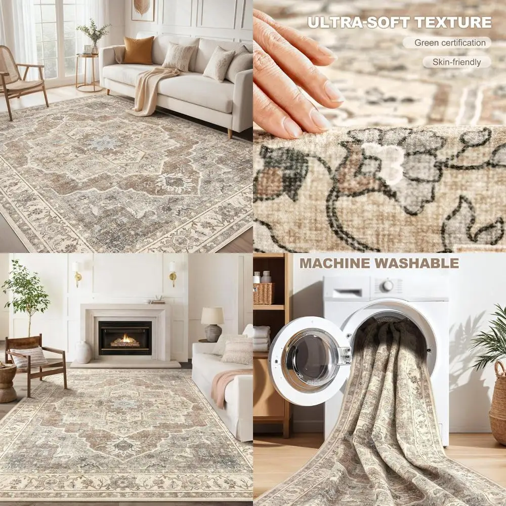 

Anti-Slip Neutral Vintage-Style Large Washable Rug for Home - Ideal for Living Room, Bedroom, Kitchen, Dining Area