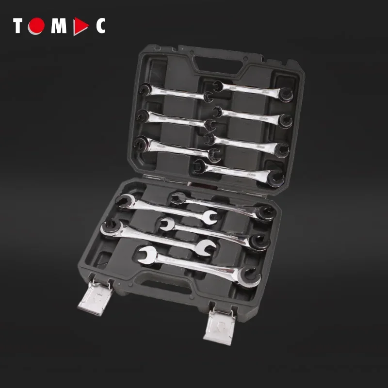 TOMAC 12-Piece Professional Ratchet Tubing Wrench Set - Comprehensive Plumbing and Automotive Tool Kit with BMC