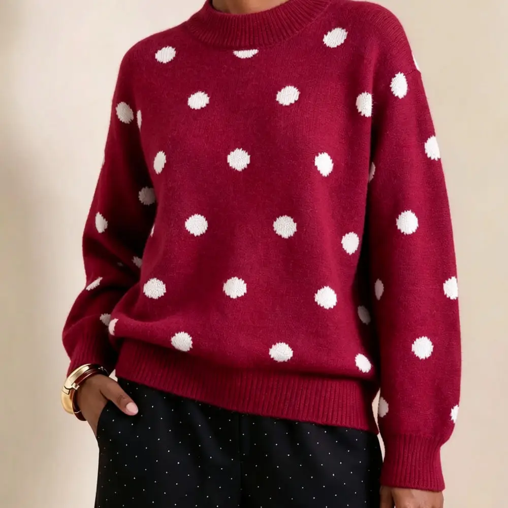 Loose Fit Knitted Sweater For Women Polka Dot Pattern Pullover Round Neck Long Sleeve Autumn Winter Fashion Knitwear