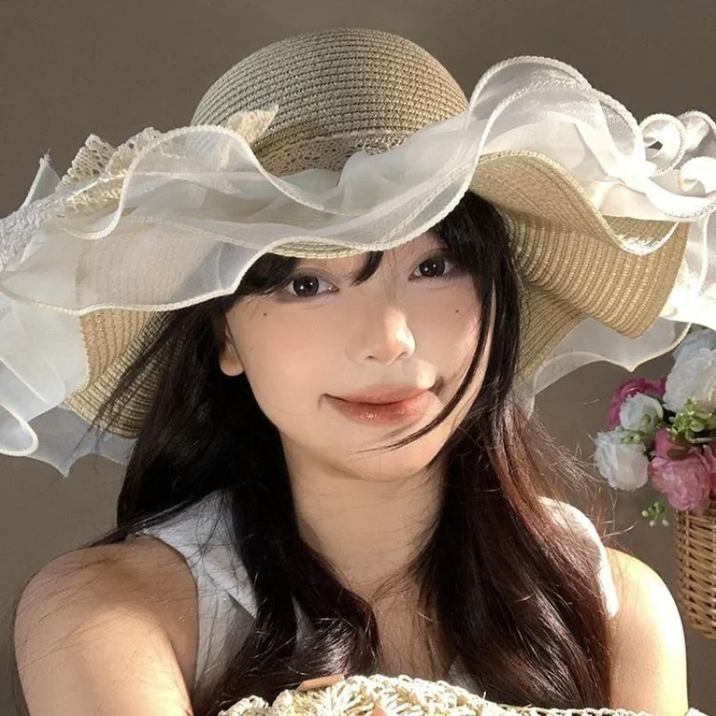 새로운 프랑스어 레이스 보우 밀짚 모자 여성 여름 바이저 태양 모자 해변 해변 휴가 태양 모자 Sombrero Playa Mujer