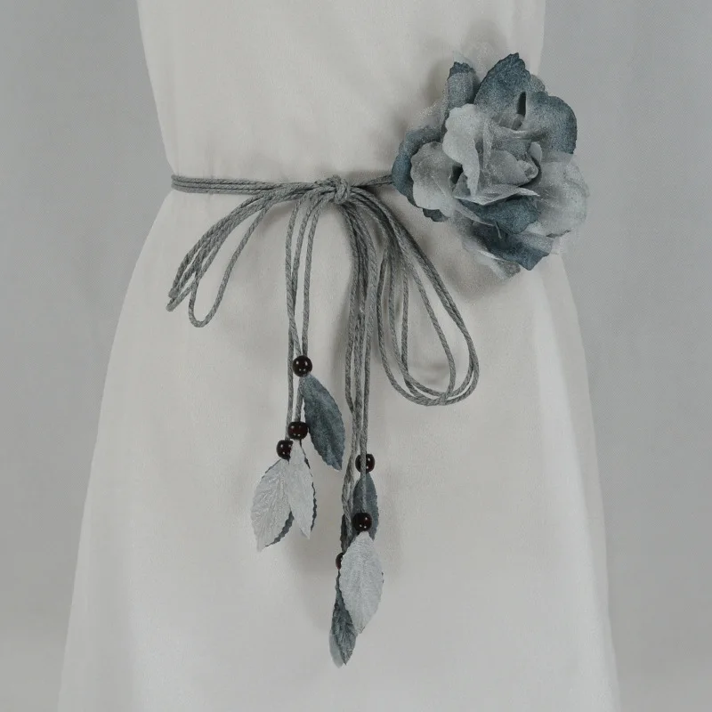Ladies' Spring&Summer Chiffon Large Flower Thin Belt Cute And Elegant Knot Waist Chain Flower Leaf Tassel Decorative Skirt Belt
