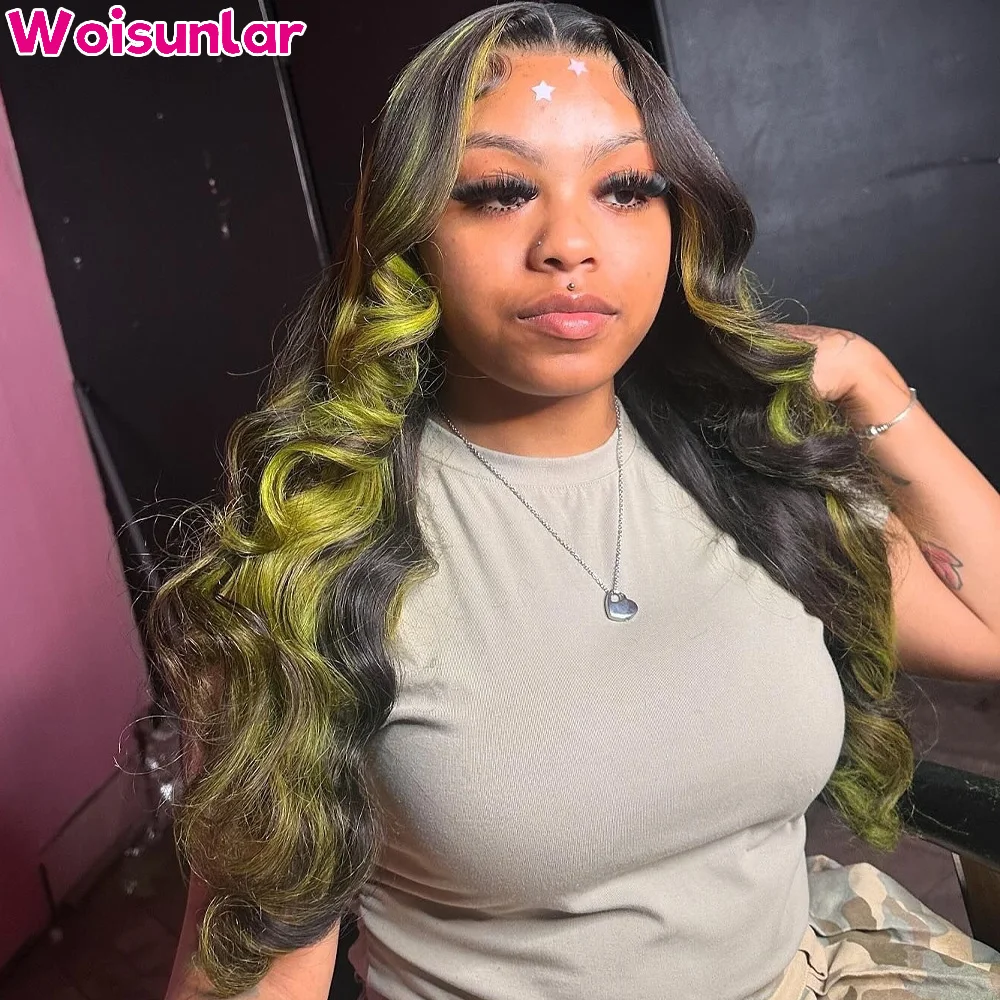 Hlighlight-Perruque Lace Front Body Wave Transparente pour Femme, Cheveux Humains, Noir et Vert Foncé, 13 Tages, 180% Cheveux Humains, 100%