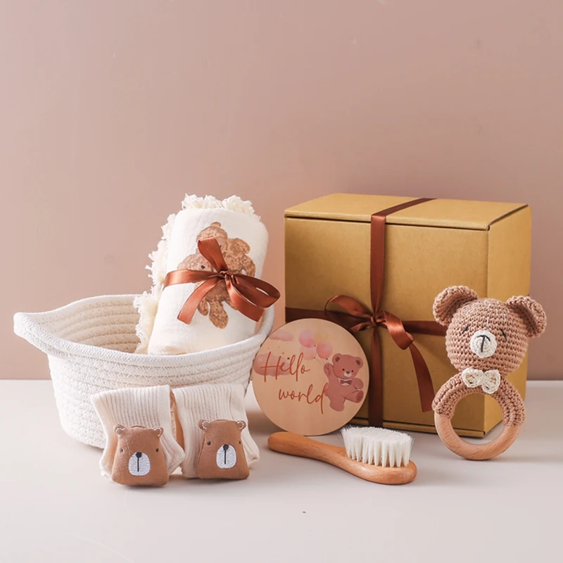 Baby Stuff Bath Towel Cotton Blanket Brush Set Products Baby Commemorative Milestone Crochet Rattle Toy Infant Birth Gift Box