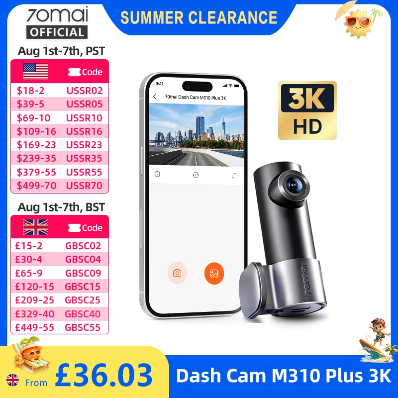 70mai M310 Plus 3K Dash Cam with Voice Control and Parking Monitor