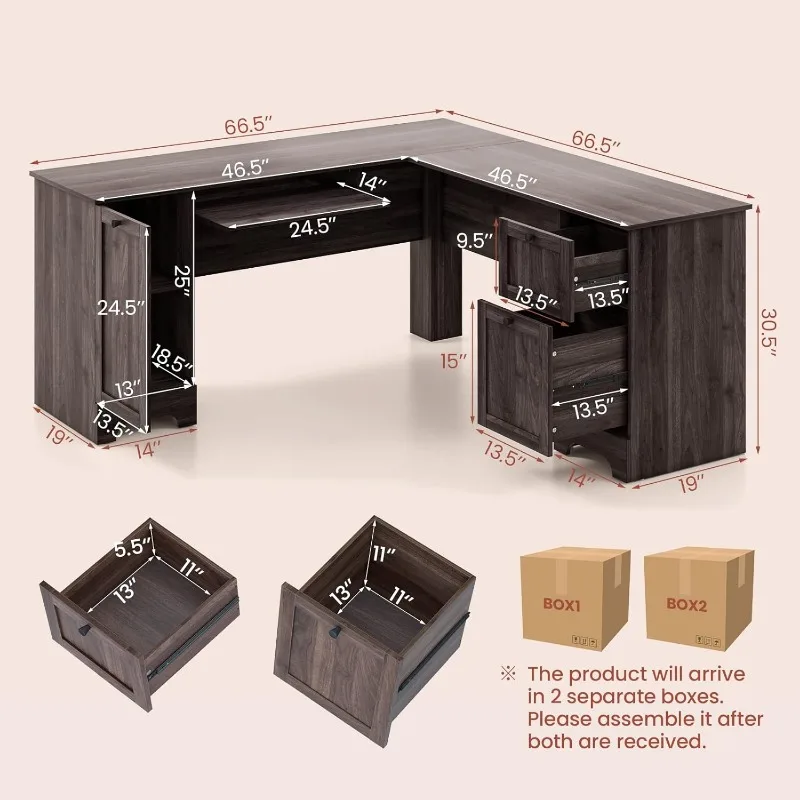 Mesa de escritório em forma de L Tangkula com gavetas de armazenamento e bandeja para teclado, mesa de computador de canto para escritório doméstico com armário