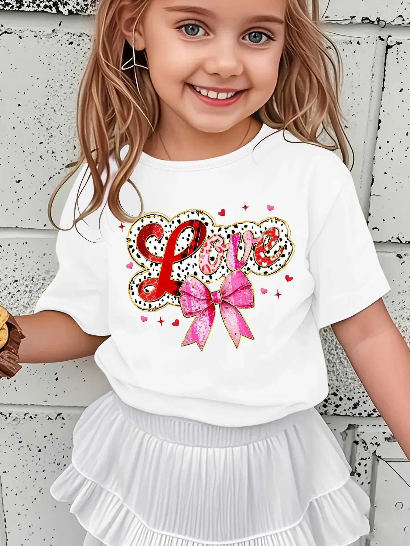 Kids Love Print T Shirt Pink Bow Plaid Dalmatian Spot Letter Heart Graphic Short Sleeve Little Girls Casual Wear Top