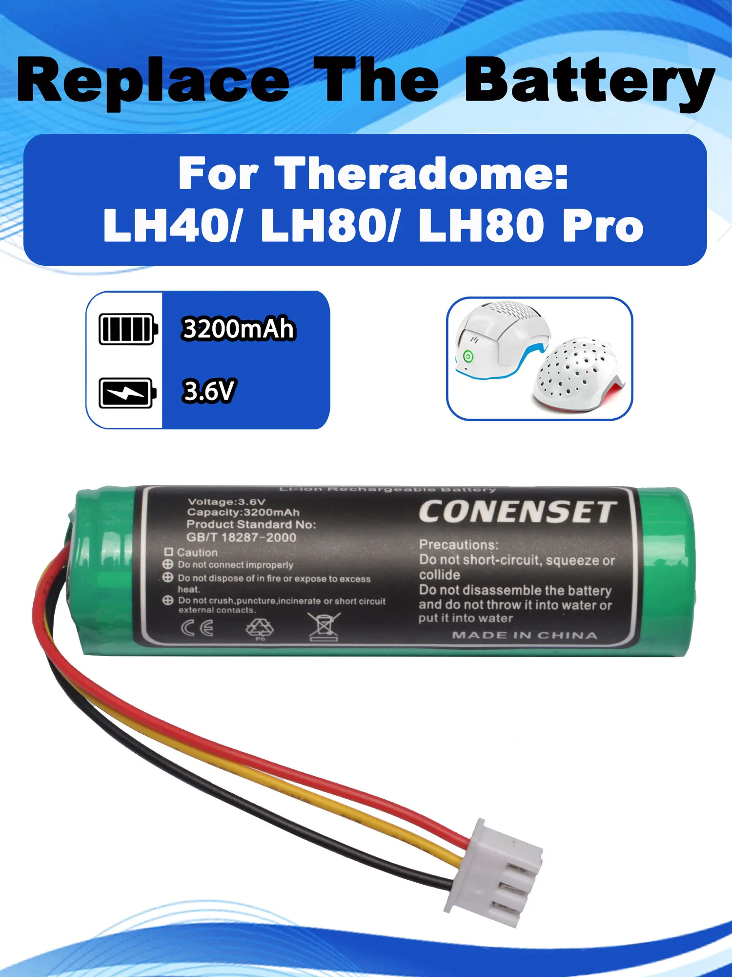 3.6 فولت 3200 مللي أمبير استبدال البطارية ل Theradome LH40 LH80 LH80Pro ليزر ديود العلاج بالشعر خوذة INR18650-1S1P #1
