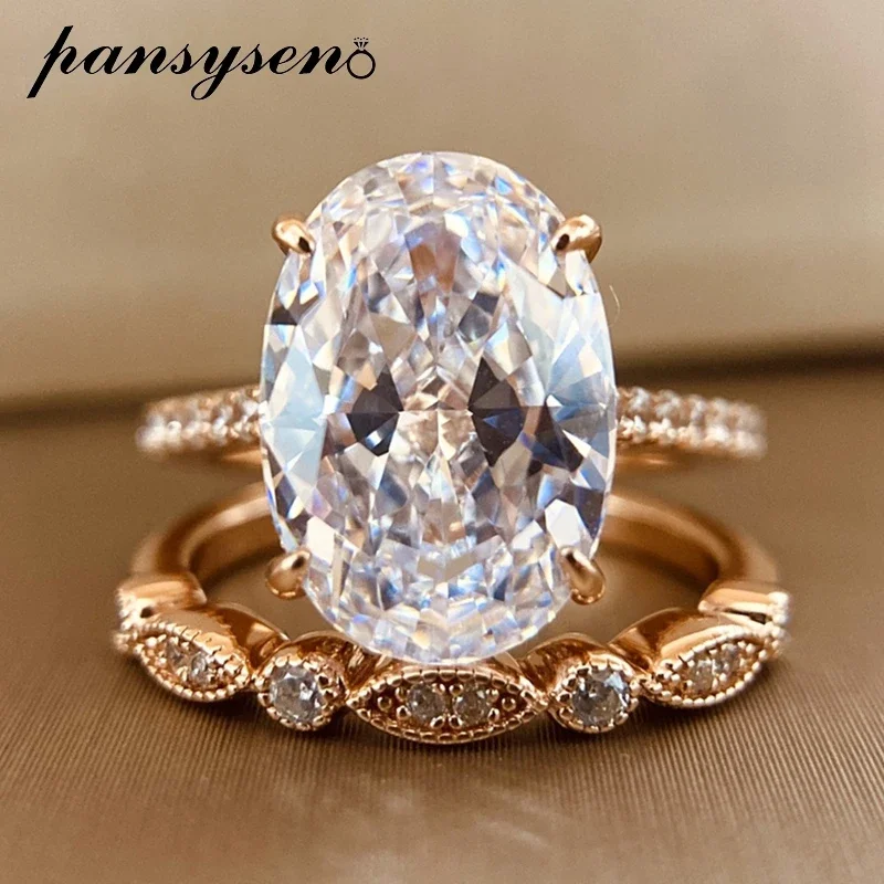 PANSYSEN  9CT Radiant Cut Simulated Moissanite Diamond Ring Set for Women 925 Sterling Silver 18K Rose Gold Plated Wedding Rings