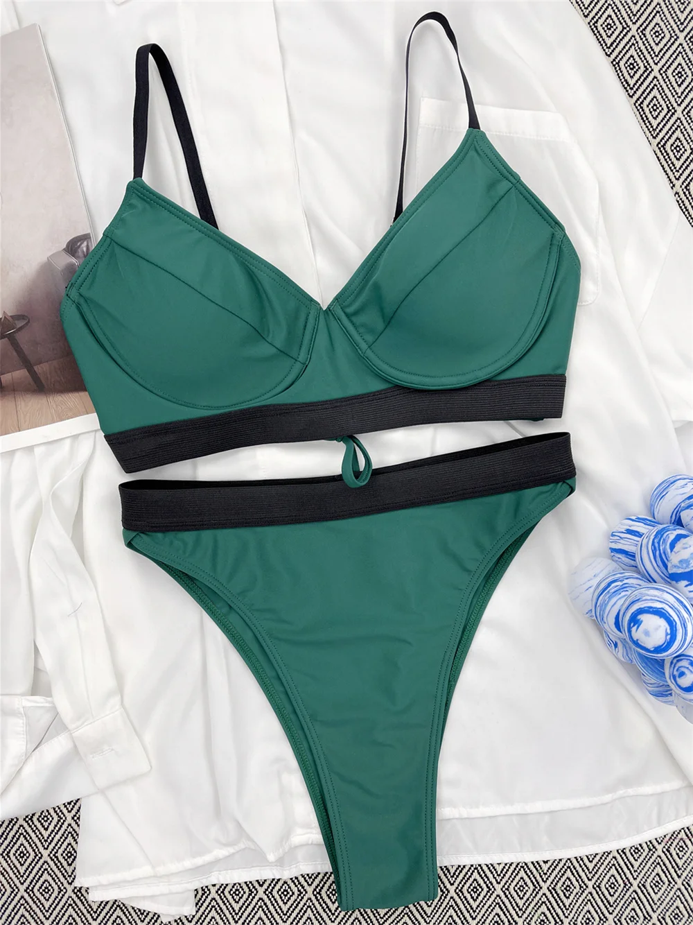 Sexy Sling Bikini Green Swimsuit Push Up Bra High Waist Splicing Swimwear 2-częściowy damski brazylijski strój kąpielowy plażowy Bikini Set