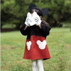 Winter New Cute Disney Cartoon Mickey Double Sided Hooded Woolen Coat Color Block Single Breasted Warm Long Coat