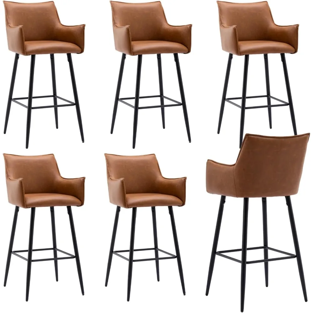 

30" Brown Bar Stools Set of 6, PU Leather Upholstered Kitchen Island Bar Stools with Comfy Back Modern High Dining Chairs
