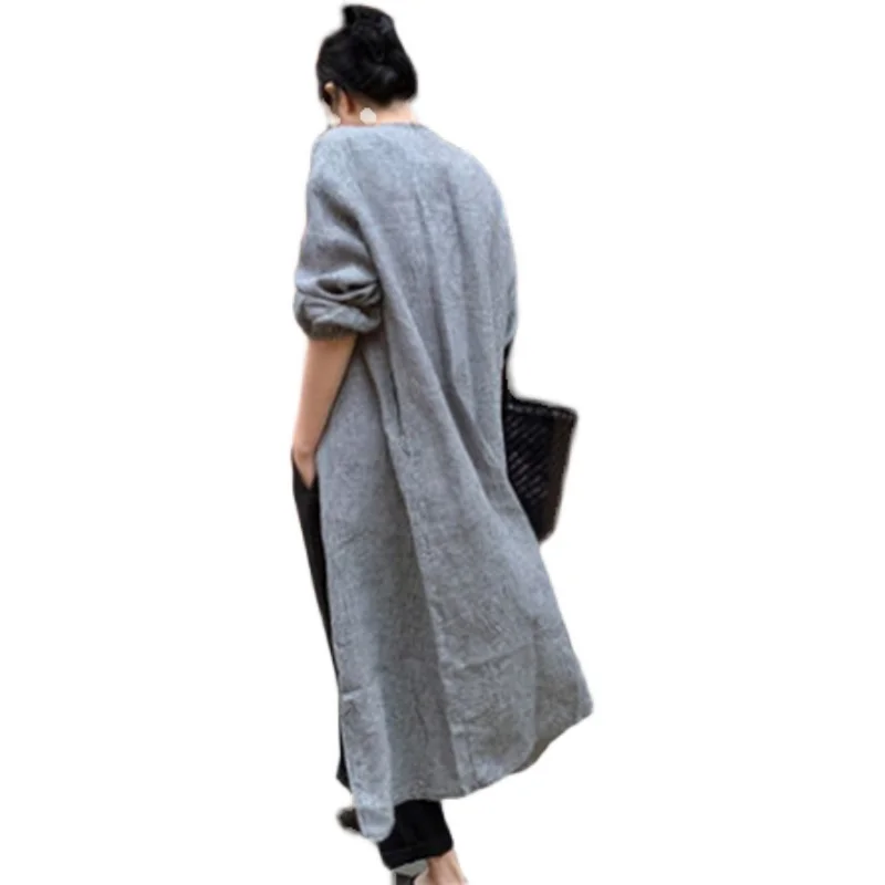 Léger Long Sve irt Femme Lâche Longueur Midi sur le genou Ceinture Cardigan Ouvert Vêtements d'extérieur fins Coton Plaid Trajet St...