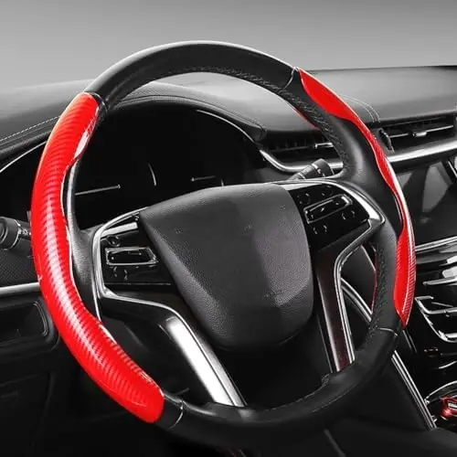 

Universal Carbon Fiber Steering Wheel Cover – Non-Slip, Fits Most Cars, Red – 2 Pack
