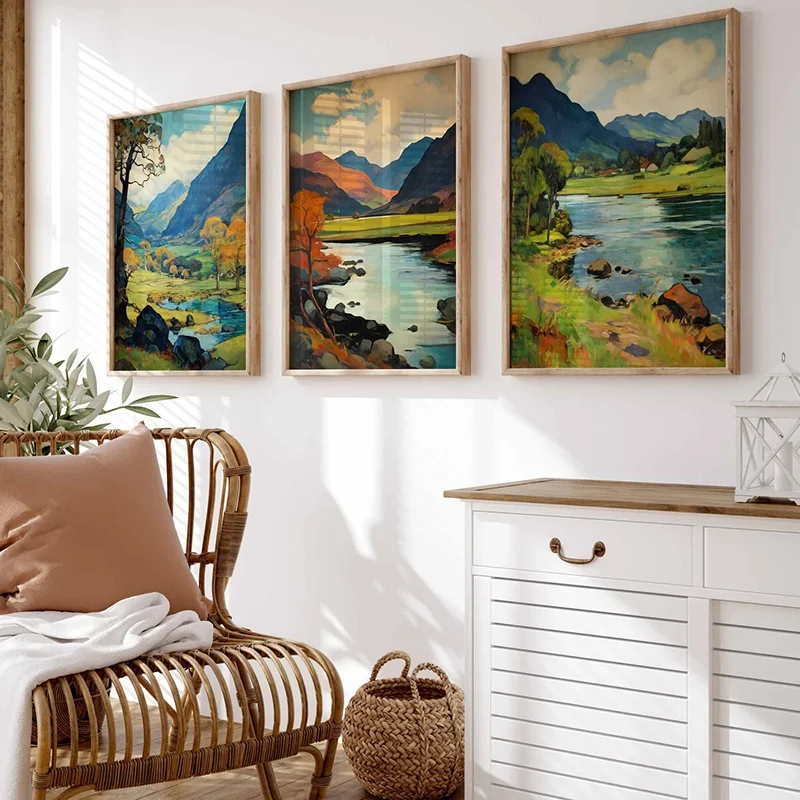 3pcs frameless Canvas Painting 3PCS Lake District National Park Posters  Cumbria Travel Wall Art  Floral Decor  Nature Print  Ca