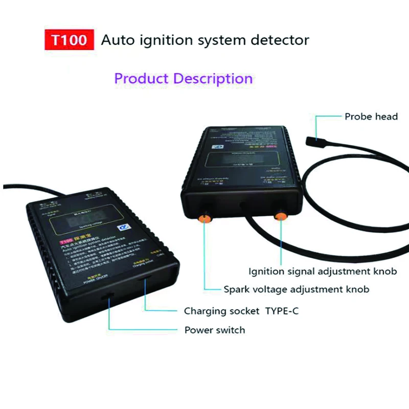 Automatyczny detektor układu zapłonowego T100 do systemów zapłonowych 12V 24V, wykryj sygnał zapłonu i ewektor silnika napięcia iskrowego