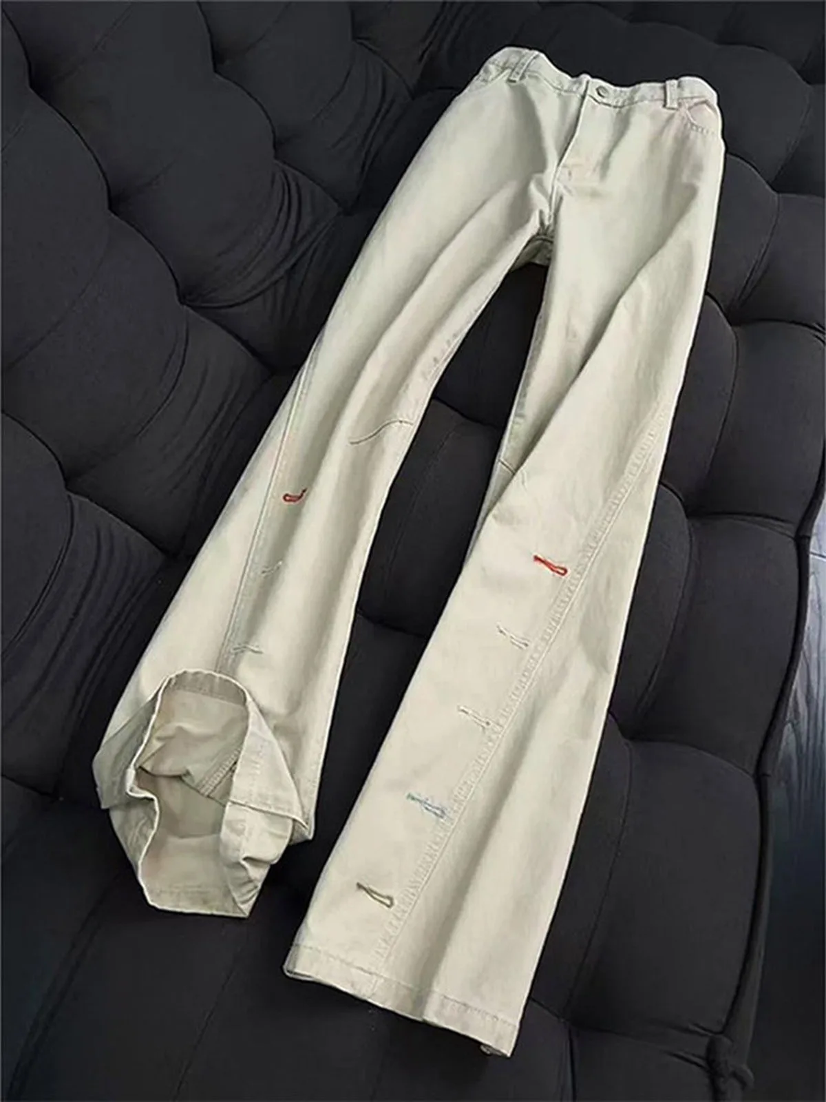 Black Embroidered Flared Jeans Men's Vibe Straight Leg Youthful Workwear Wide Leg Narrow Version Slanted Cut mid Waist Zipper