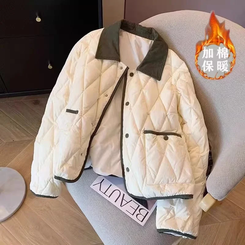 Veste légère en coton pour femme, manteau matelassé court ample à grille de diamant, vêtement d'extérieur à revers simple boutonnage, automne-hiver, W1570