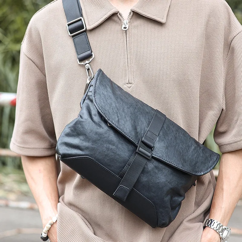 wmnuo Brand Shoulder Bag Men Leather Genuine Cowhide Clutches Messenger Bags for Man Commuter Horizontal Envelope Sling Bag Male