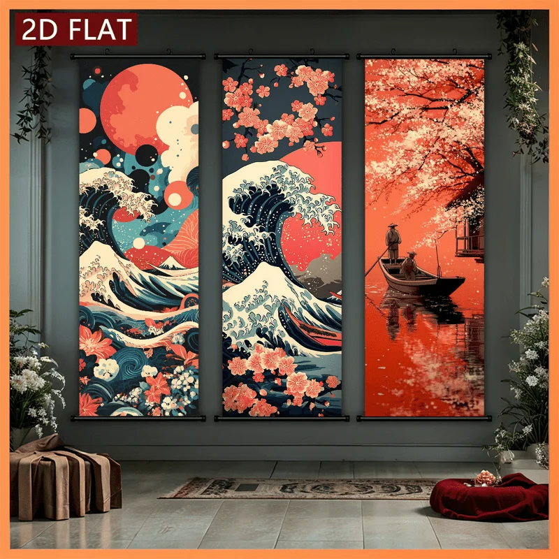 VIKAMA Ukiyo-e Wave Scroll Tapestry, Kanagawa Cherry Blossoms and Mount Fuji Vertical Wall Hanging, Bedroom Home Decor