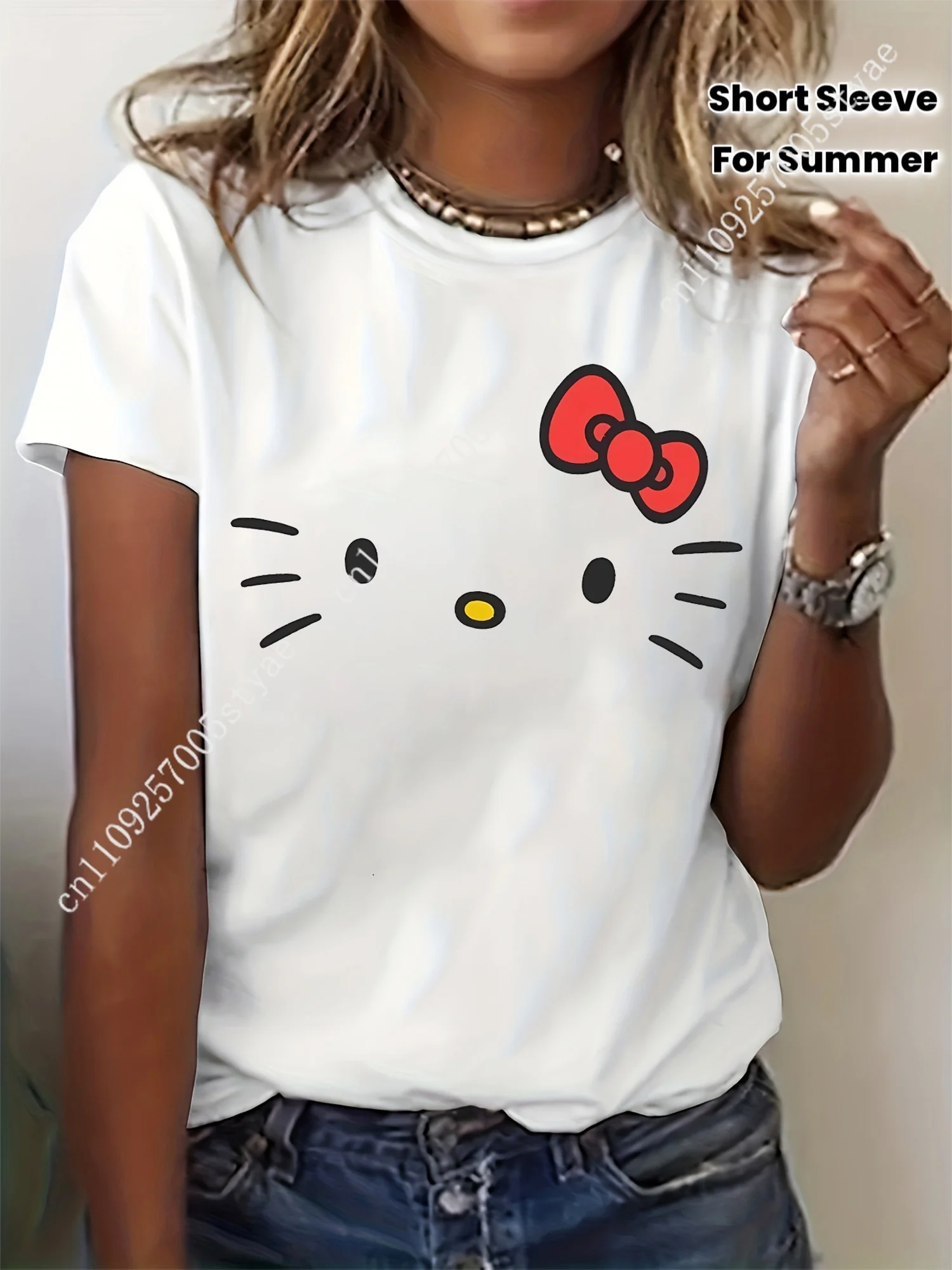 

Women's Sanrio Hello Kitty T-Shirt - Iconic Face & Signature Print, Short Sleeve Crew Neck Casual Summer Top Suitable for Summer