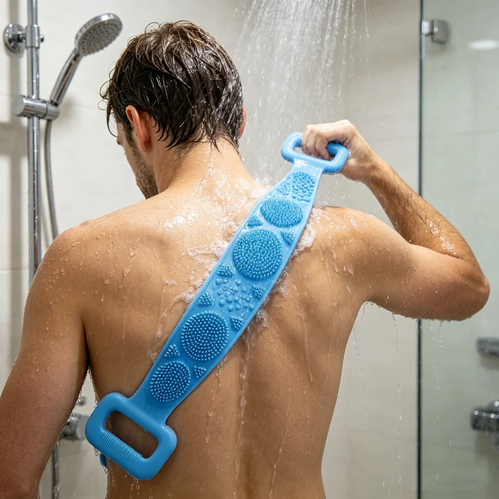 Escova de Banho de Silicone com Esponja e Cinto Extensor para Massagem e Esfoliação Corporal