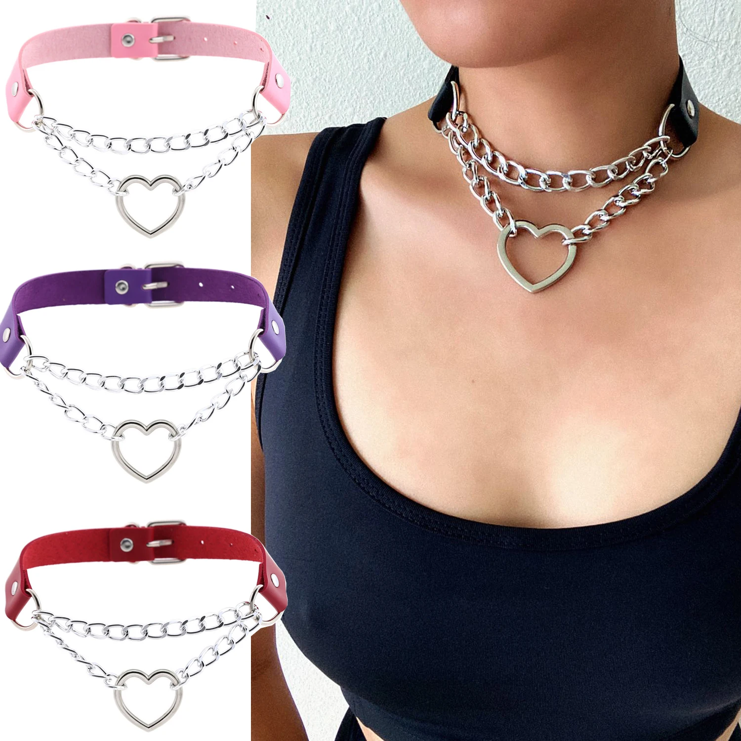 Heart Choker Goth Neck Chain Punk Collar For Women Girl Black Leather Chocker Kawaii Cosplay Jewelry Grunge Accessories