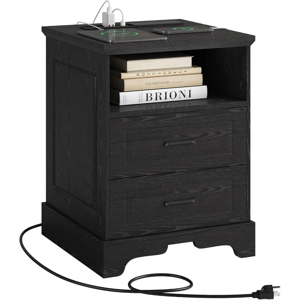 منضدة المزرعة مع قاعدة شحن، حامل ليلي عريض 18 بوصة مع أدراج وتخزين، طاولة جانبية مربعة بجانب السرير، fo #1