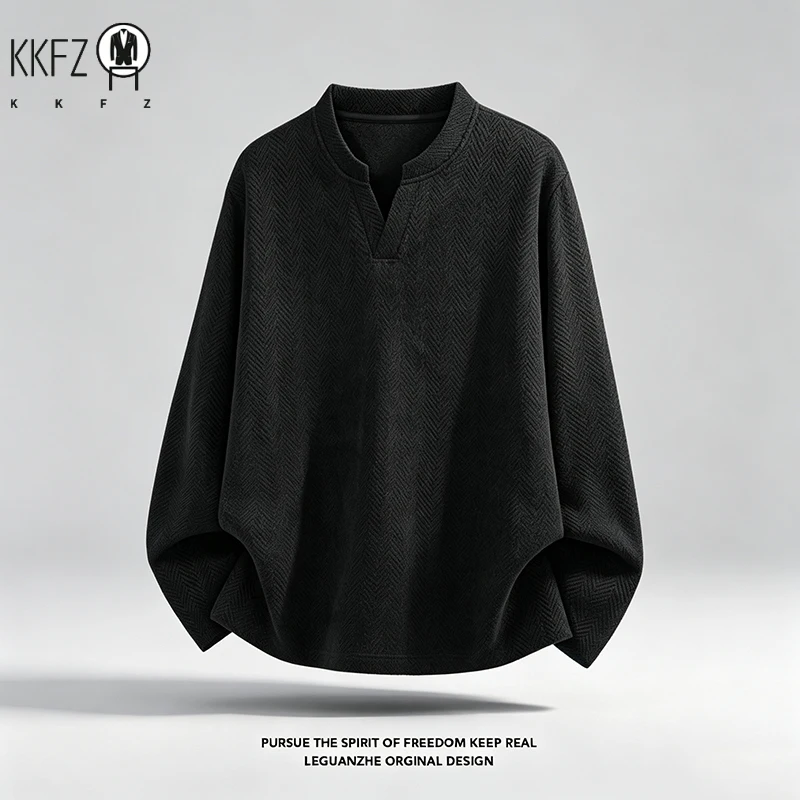 Mens Notched V Neck Long Sleeve Shirt Herringbone Woven Pattern Loose Fit For Daily Casual Occasions