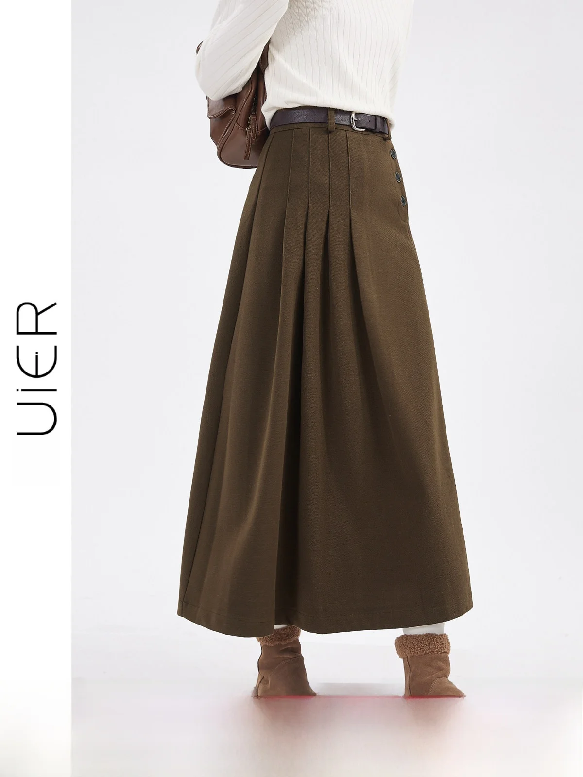 

Guier Double-Sided Wool A-Line Skirt for Women Ele Brown High Waist Vintage Sle Mid-Length Pure Color Spring 2025