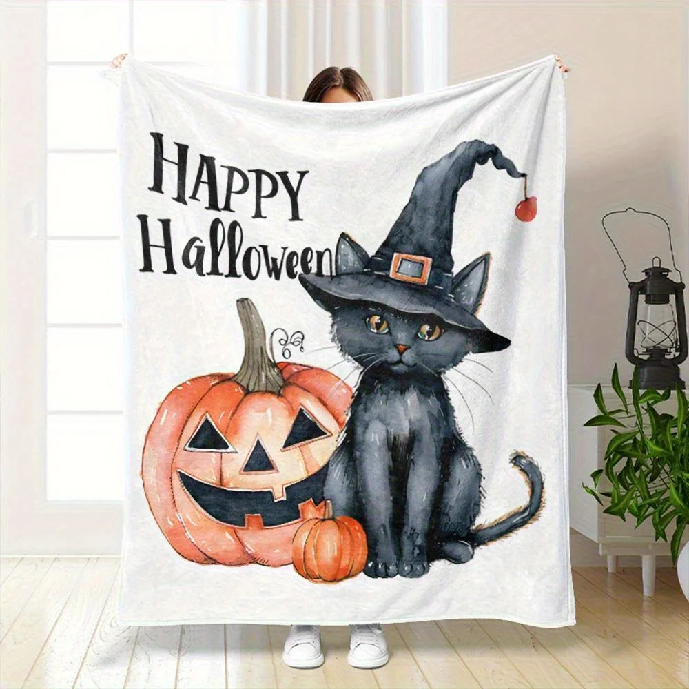 One Halloween-Themed Blanket Featuring a Cat And Pumpkin Lightweight Throw with a Cheerful Halloween Pattern
