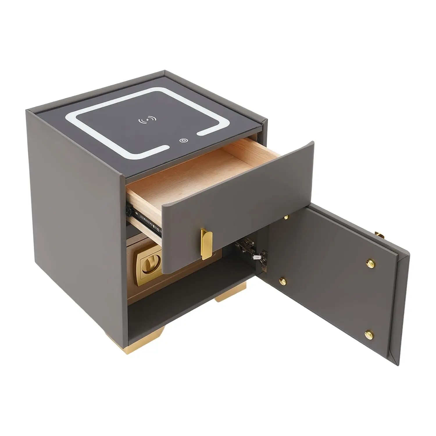 Smart Nightstand w/Safe & Combination Lock, USB Charging Station & LED Light, Solid Wood Bedside Table for Bedroom, Customized