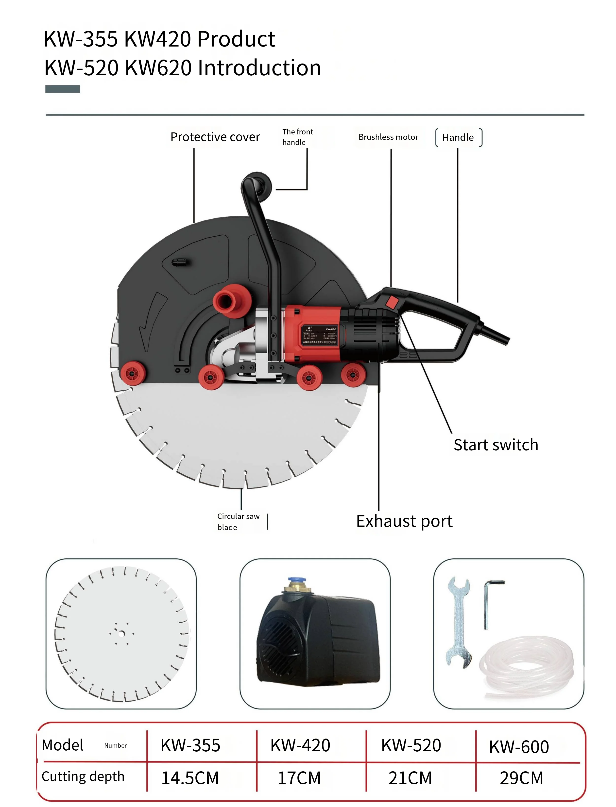 KW520 Portable Handheld 5000W Electric Concrete Cutter 210mm Cutting Depth Wall Cutter Ring Saw