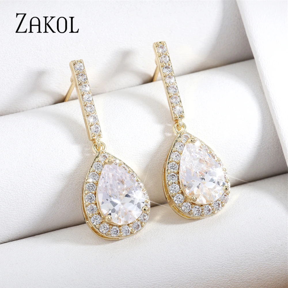 ZAKOL العلامة التجارية الكلاسيكية AAA الكمثرى مكعب الزركون إسقاط أقراط للنساء الأبيض كريستال مجوهرات الزفاف بالجملة