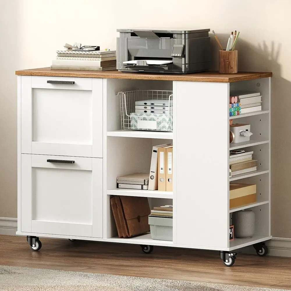 

Белый шкаф для документов из орехового дерева с подставкой для принтера, полками для хранения и блокирующимися колесиками