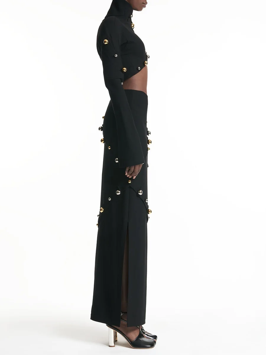 Spliced Beading Two Piece Set for Women Stand Collar Long Sleeve Irregular Slim Top High Waist Stright Skirt Suit Female  Newest