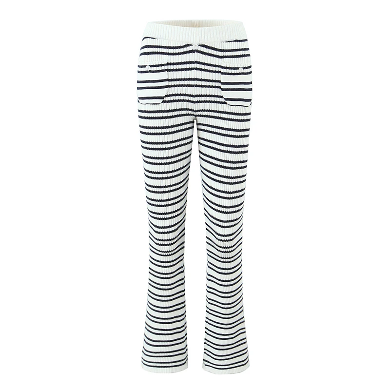 YENKYE Europen And American Style Striped Knitted Sexy Package Hip Pants Women Vintage High Waist With Pockets Autumn Trousers
