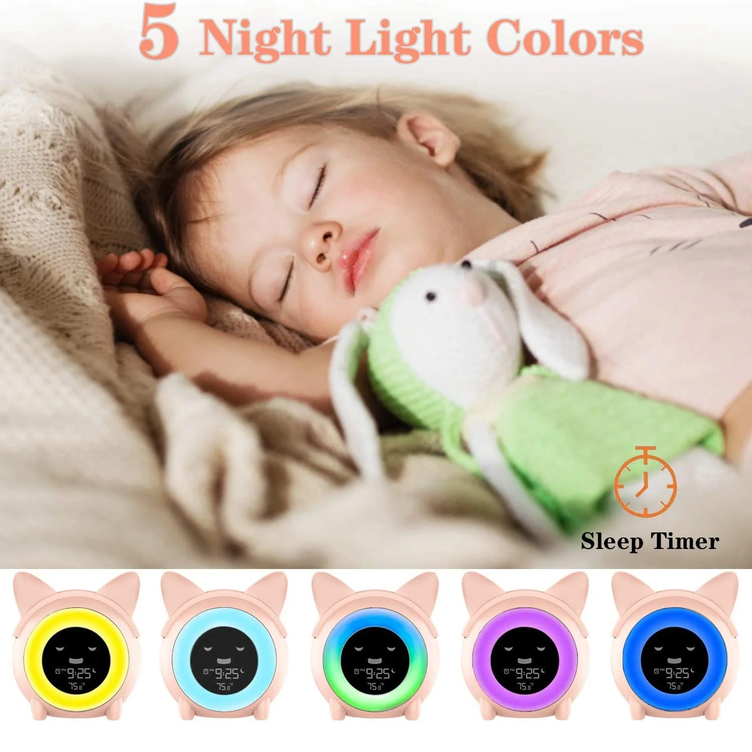 Alarm Clock for Kids Bedroom Children Sleep Training Clock for Toddlers Wake Up Clock Night Lights for Gifts Pink