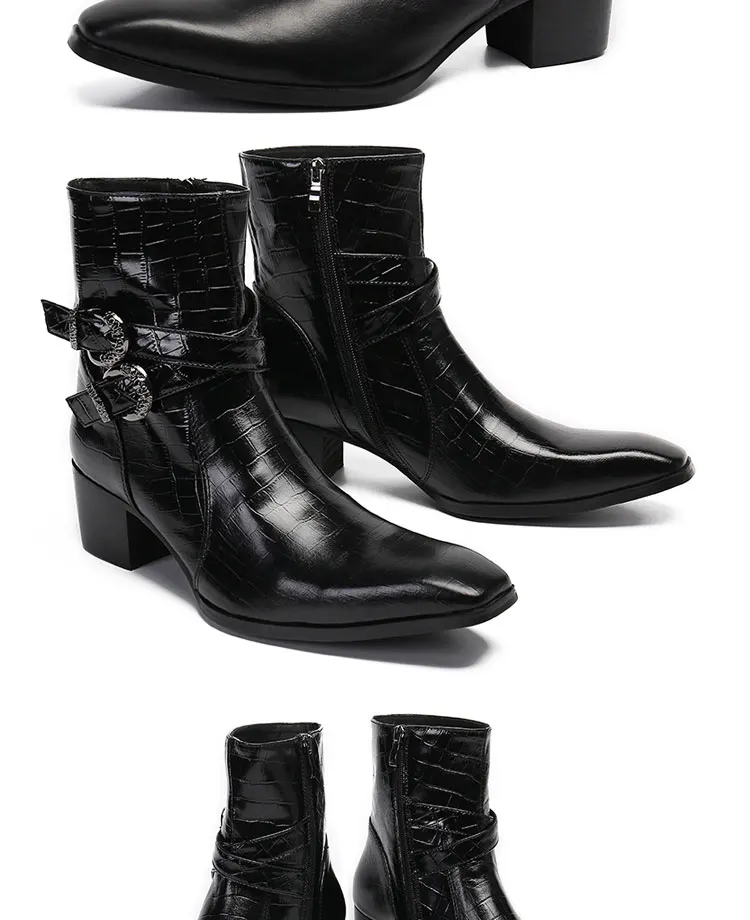 Frühlingsswarze kurze Stiefel mit Krokodilmuster, modische Stiefel, quadratischer Kopf, Lackleder, nackte Chelsea-Kurzstiefel für Herren – Detail 13