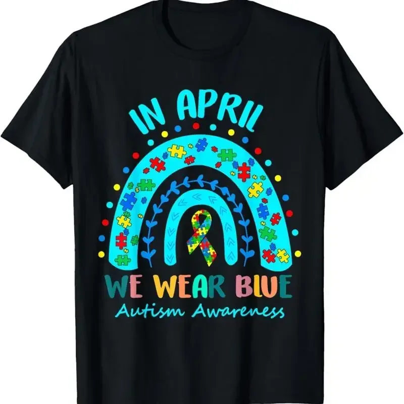 Puzzle Rainbow In April We Wear Blue Autism Awareness Month T Shirt